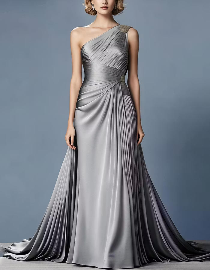 Silver Grey One-Shoulder Pleated Satin Maxi Dress