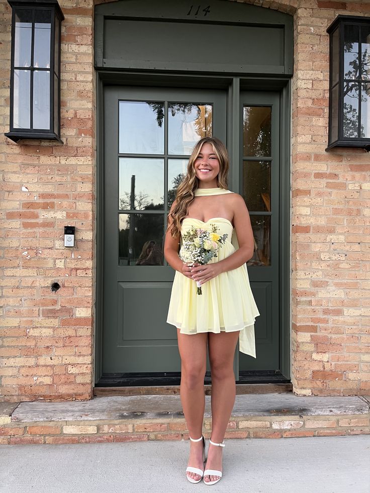 Women Yellow Halter Neck Strapless Chiffon Mini Dress