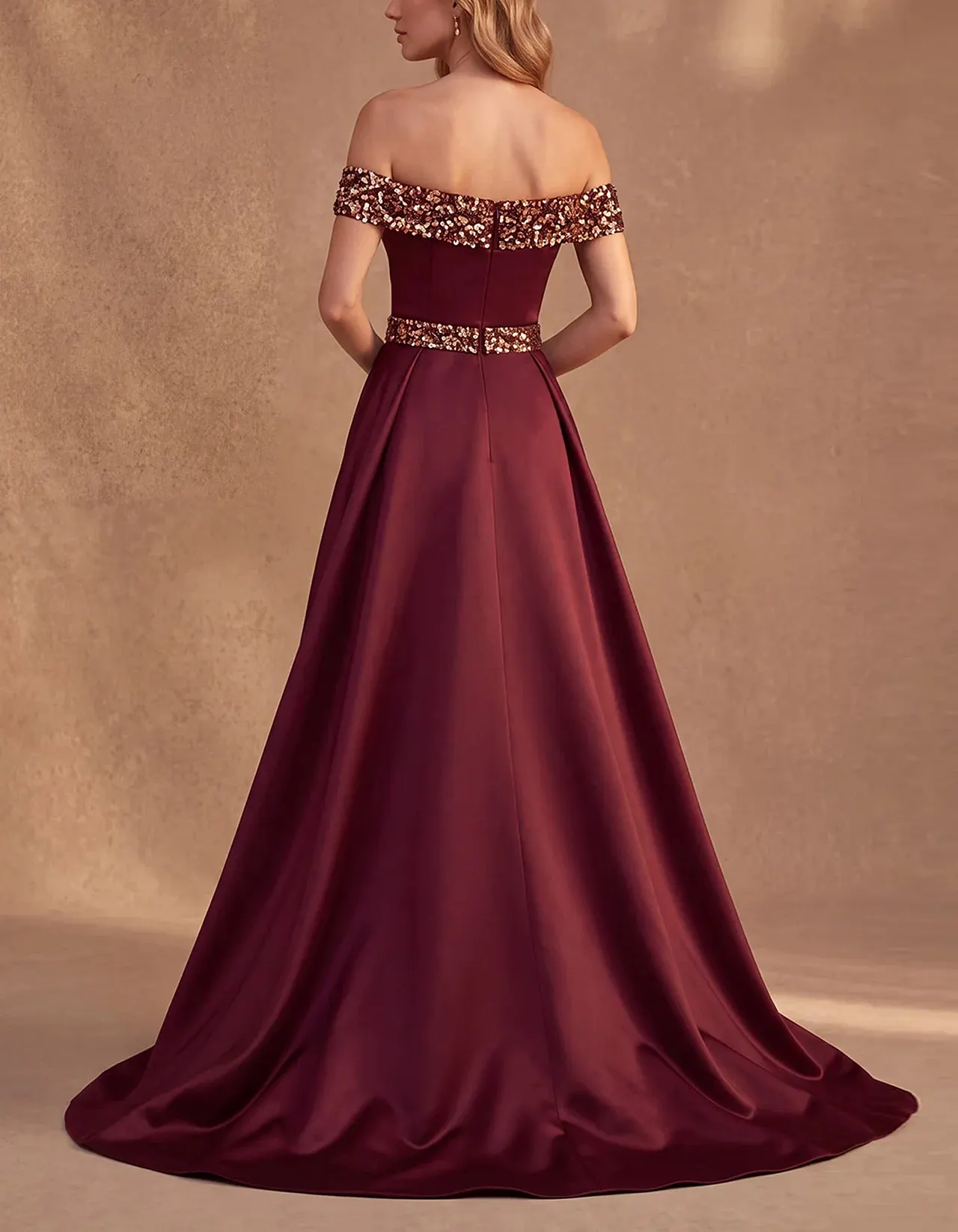 Burgundy Off The Shoulder Satin Maxi Dress