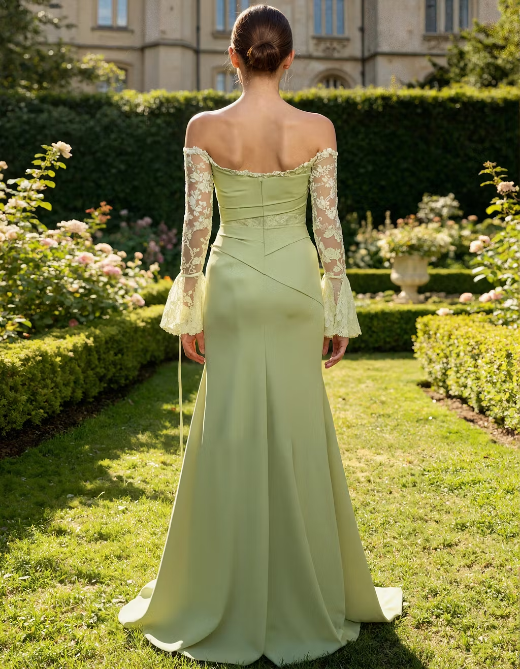 Sage Green Off Shoulder Flared Lace Sleeves Maxi Dress