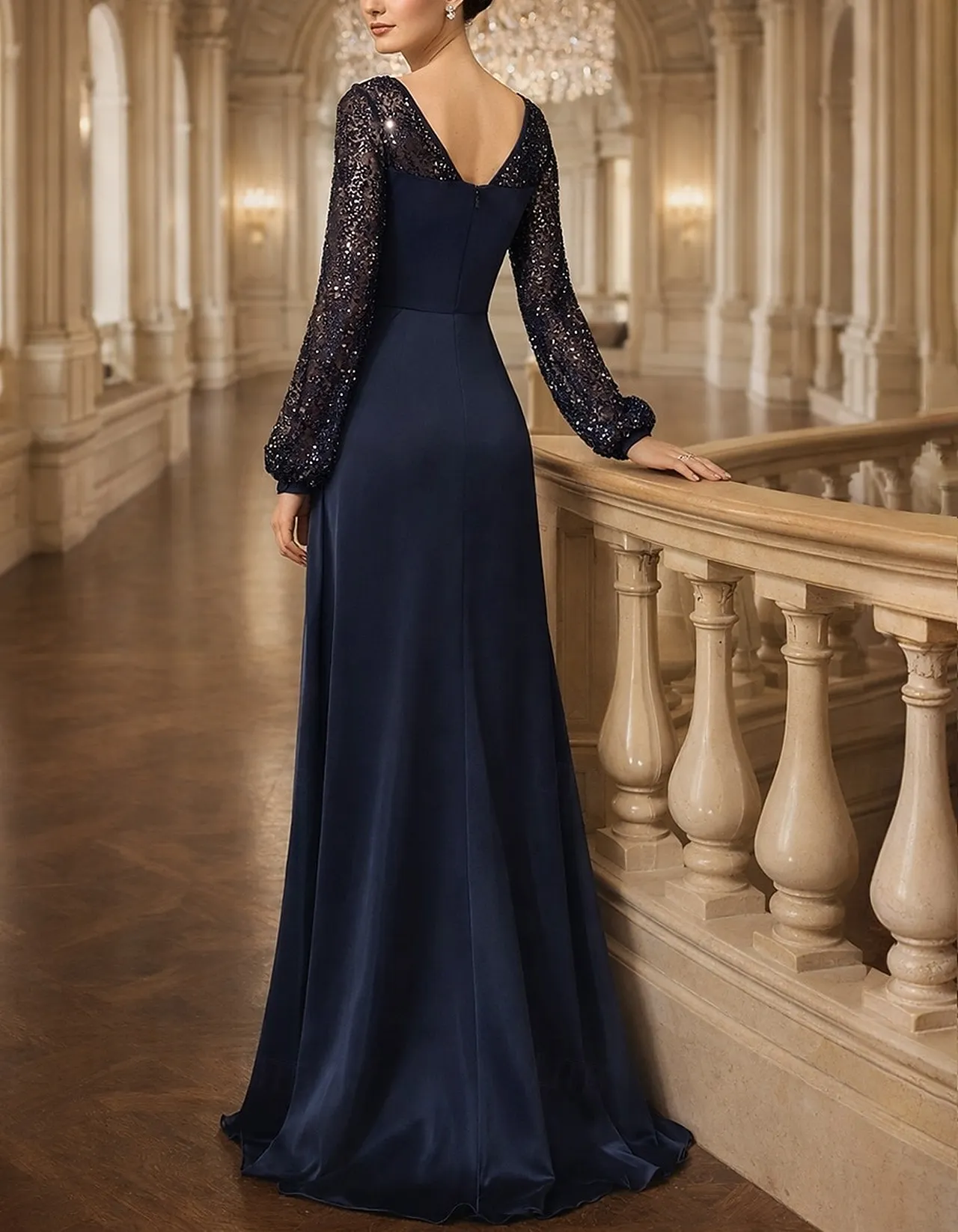 Dark Blue V-neck Long Sleeve With Sequins Maxi Dress