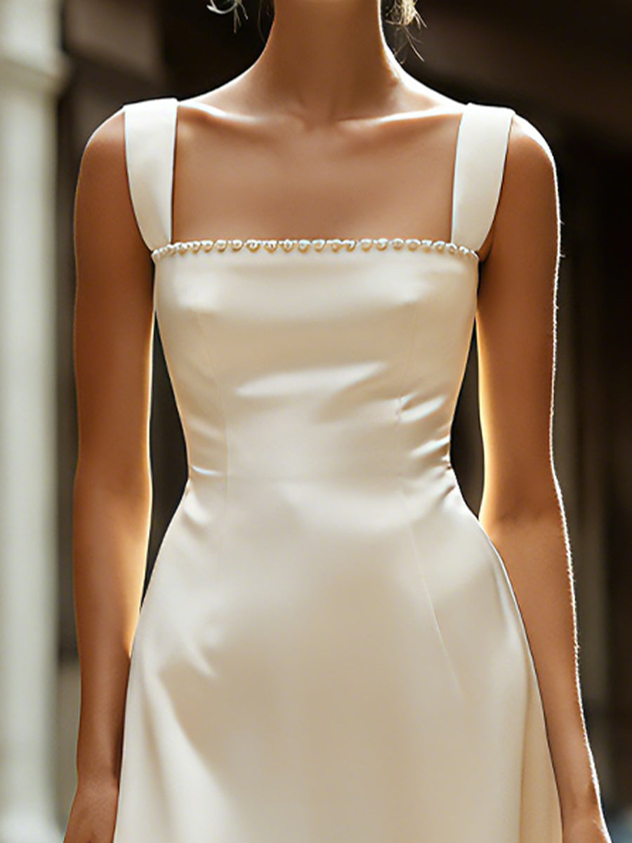 Square Neck Wide-Strap A-Line Midi Dress