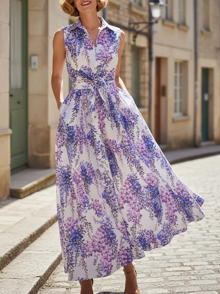 Maxi Linen Dress, Sleeveless, Shawl Collar, Floral, Vintage, Purple