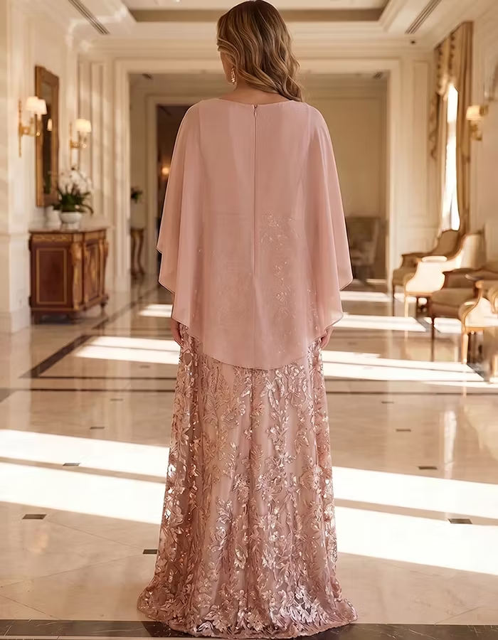 Pink Round Neck Cape Overlay Floral Sequin Lace Maxi Dress