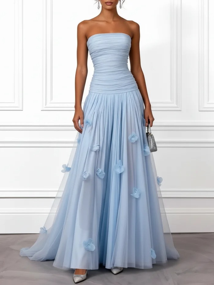 Light Blue 3D Floral Ruched Tulle Strapless Sleeveless A-Line Gown Dress