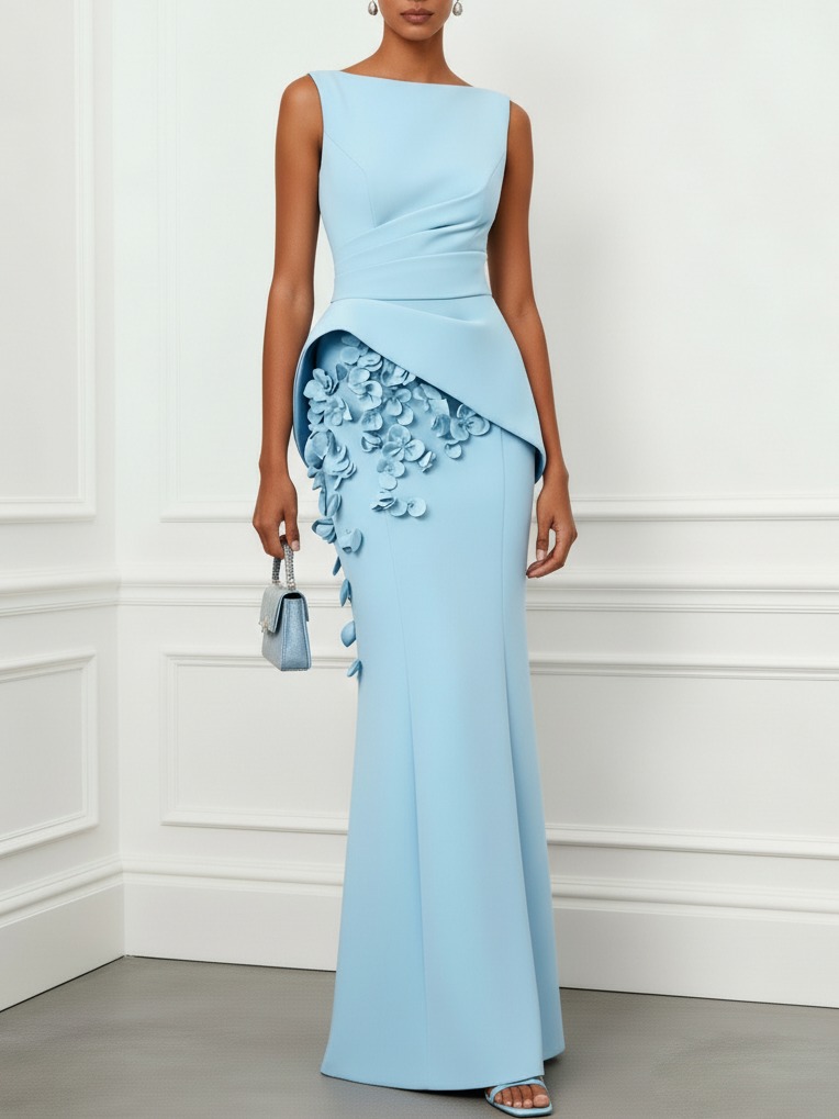 Light Blue 3D Floral Classic Boat Neck Sleeveless Sheath Gown Dress