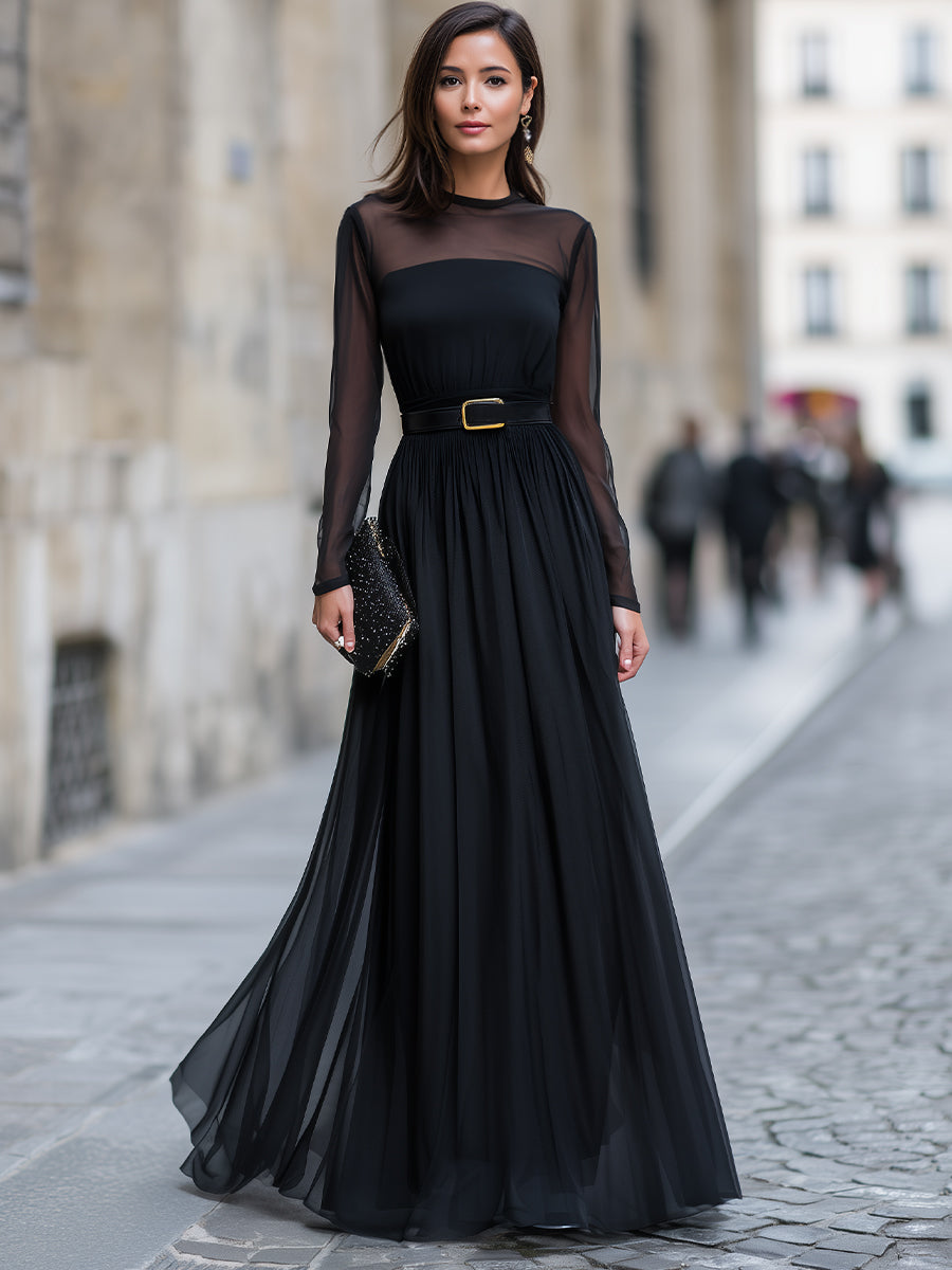 Black Sheer Long Sleeve Pleated Maxi Dress