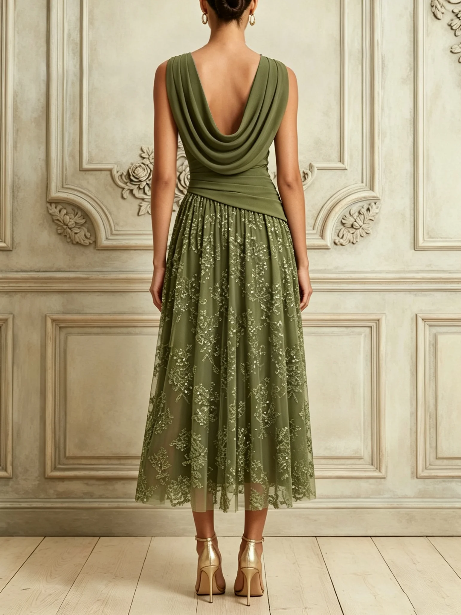 Army Green Glitter Ruched Classic Crew Neck Sleeveless A-Line Midi Dress