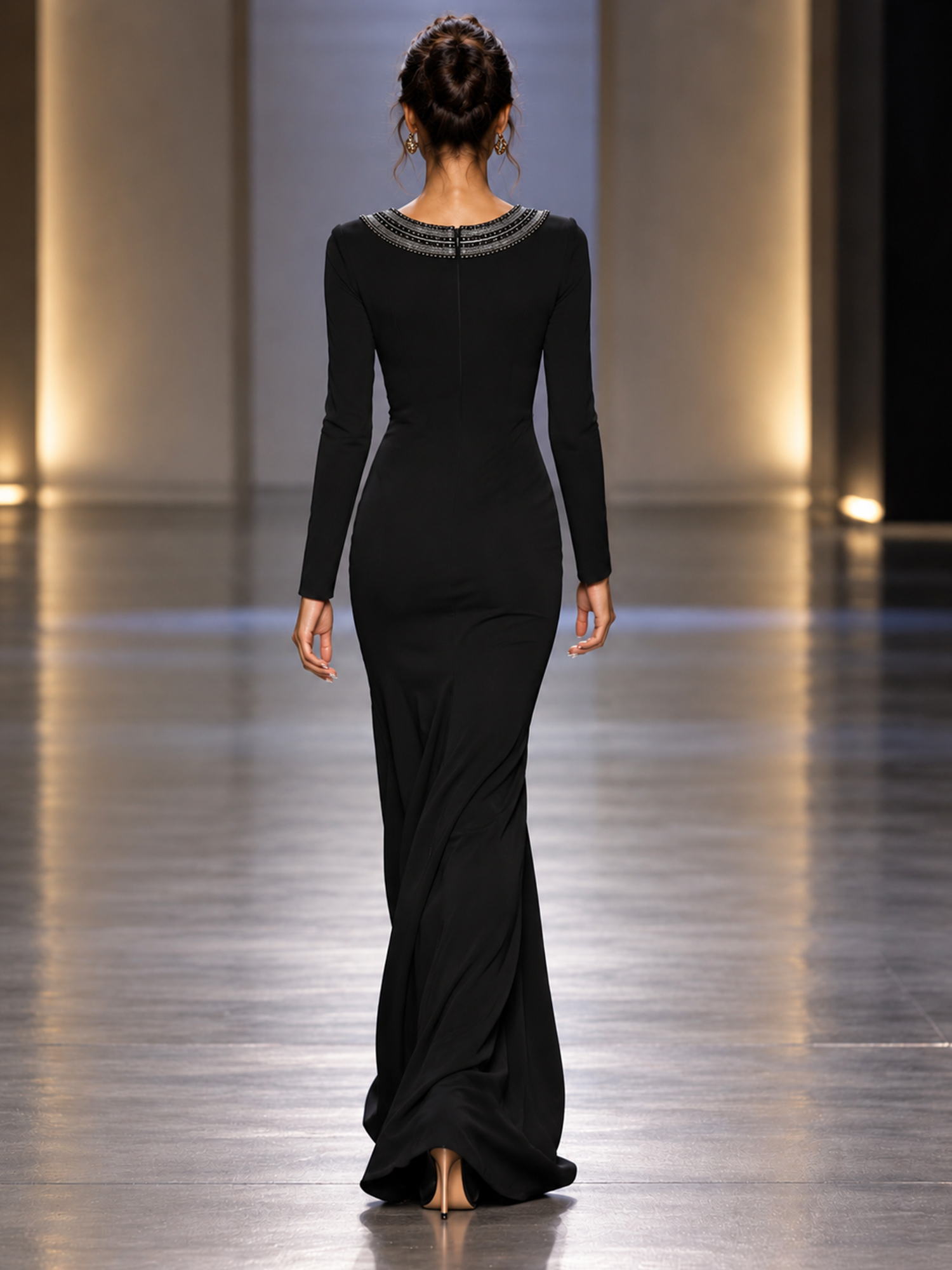 Black Long Sleeve Sheath Gown with Beaded Wrap V-Neck & High Front Slit