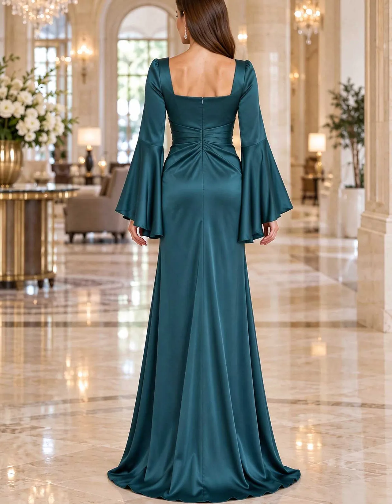 Square Neck Bell Sleeve Satin Mermaid Maxi Dress