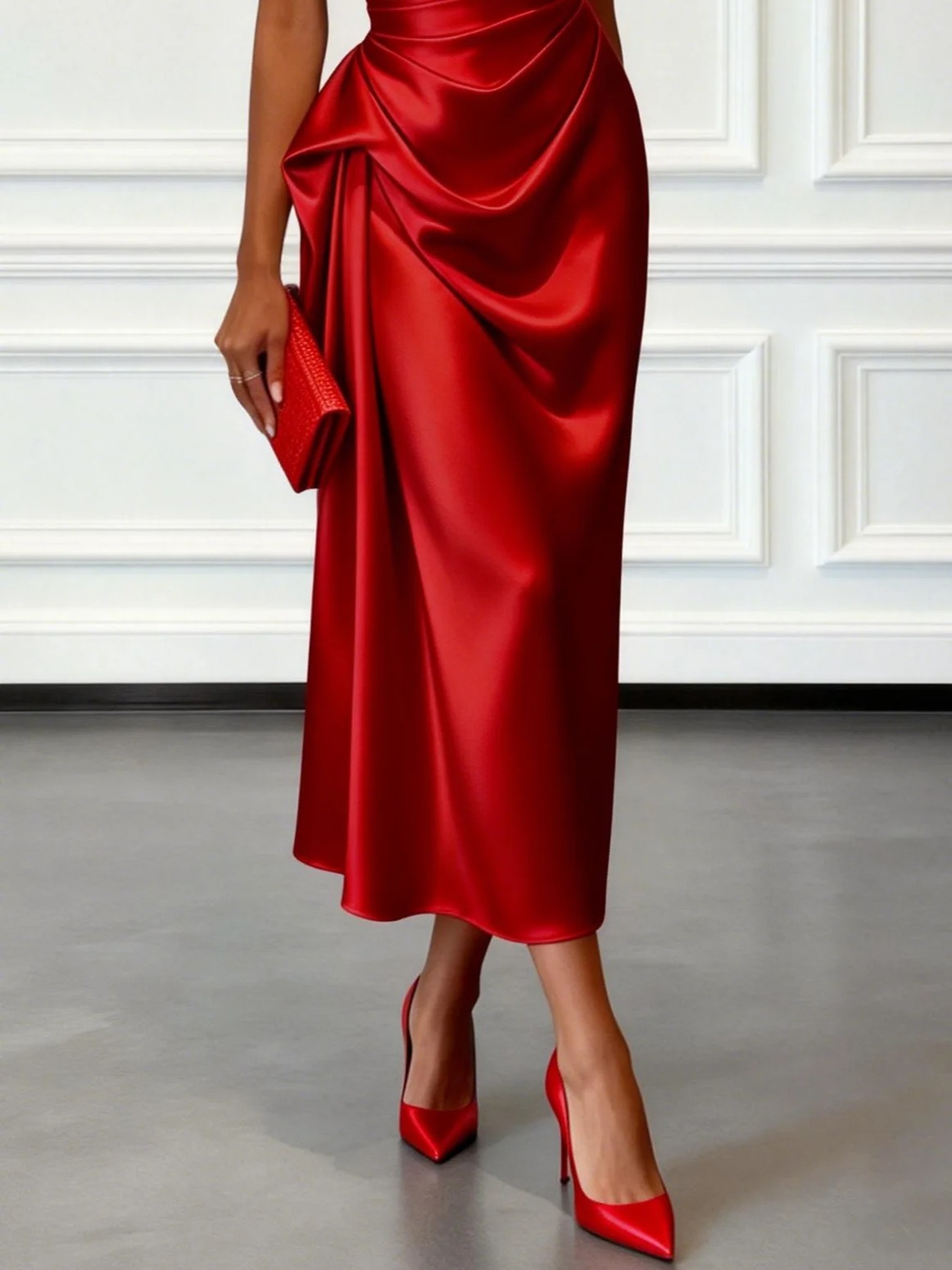 Red Ruched Satin One Shoulder Sleeveless Sheath Midi Dress