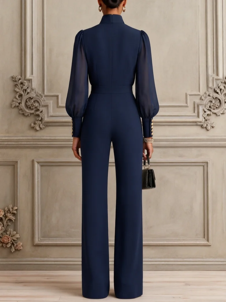 Women NavyBlue Buckle Mock Neck Long Sleeve Balloon Sleeve Elegant Jumpsuit