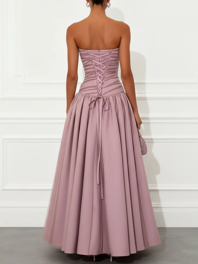 Light Purple Rhinestones Mesh Satin Strapless Sleeveless A-Line Maxi Dress