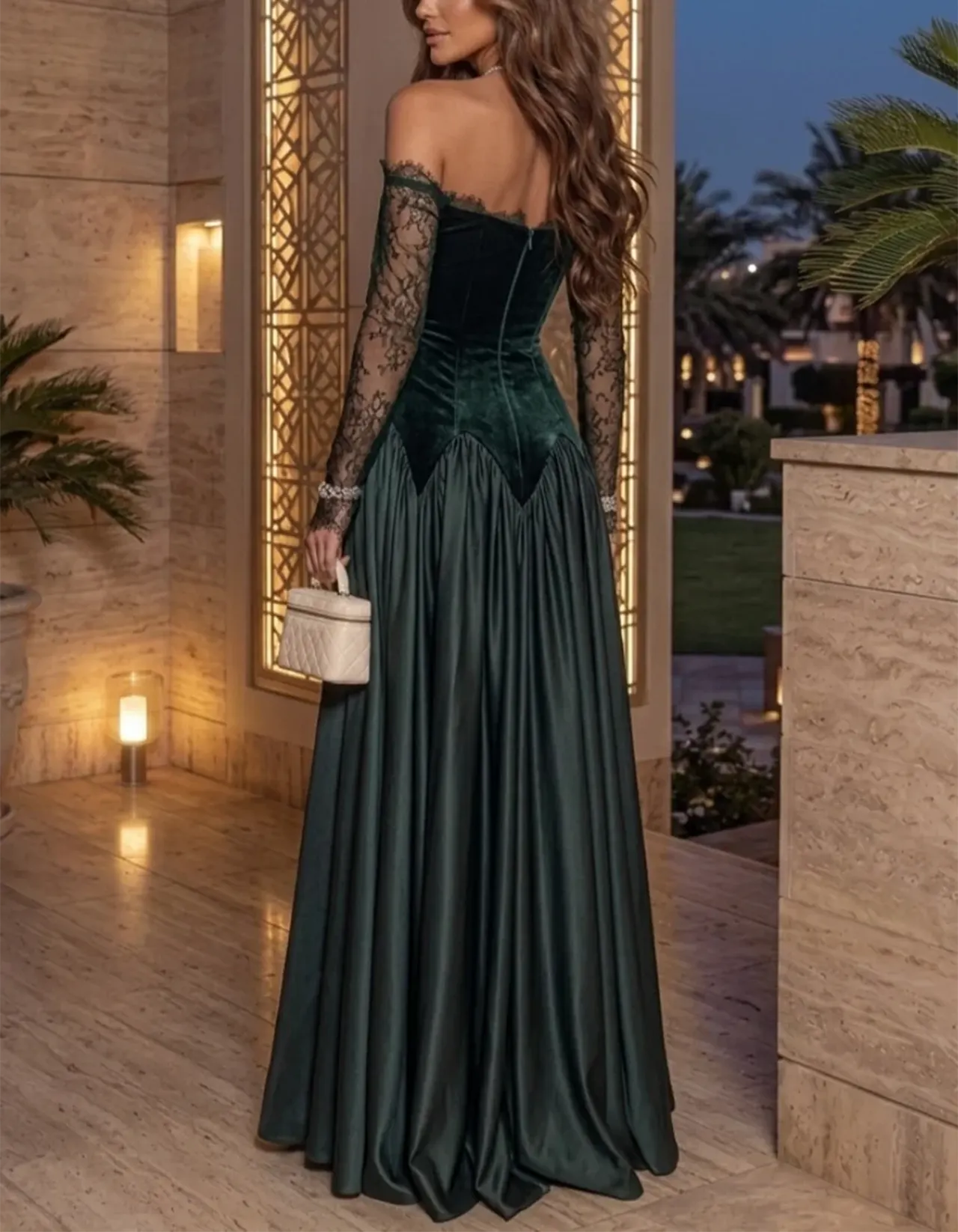 Green Off-the-Shoulder Lace Velvet & Satin Maxi Dress