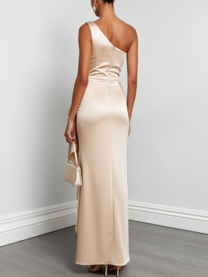 Champagne Ruffled Ruched One Shoulder Sleeveless A-Line Maxi Dress