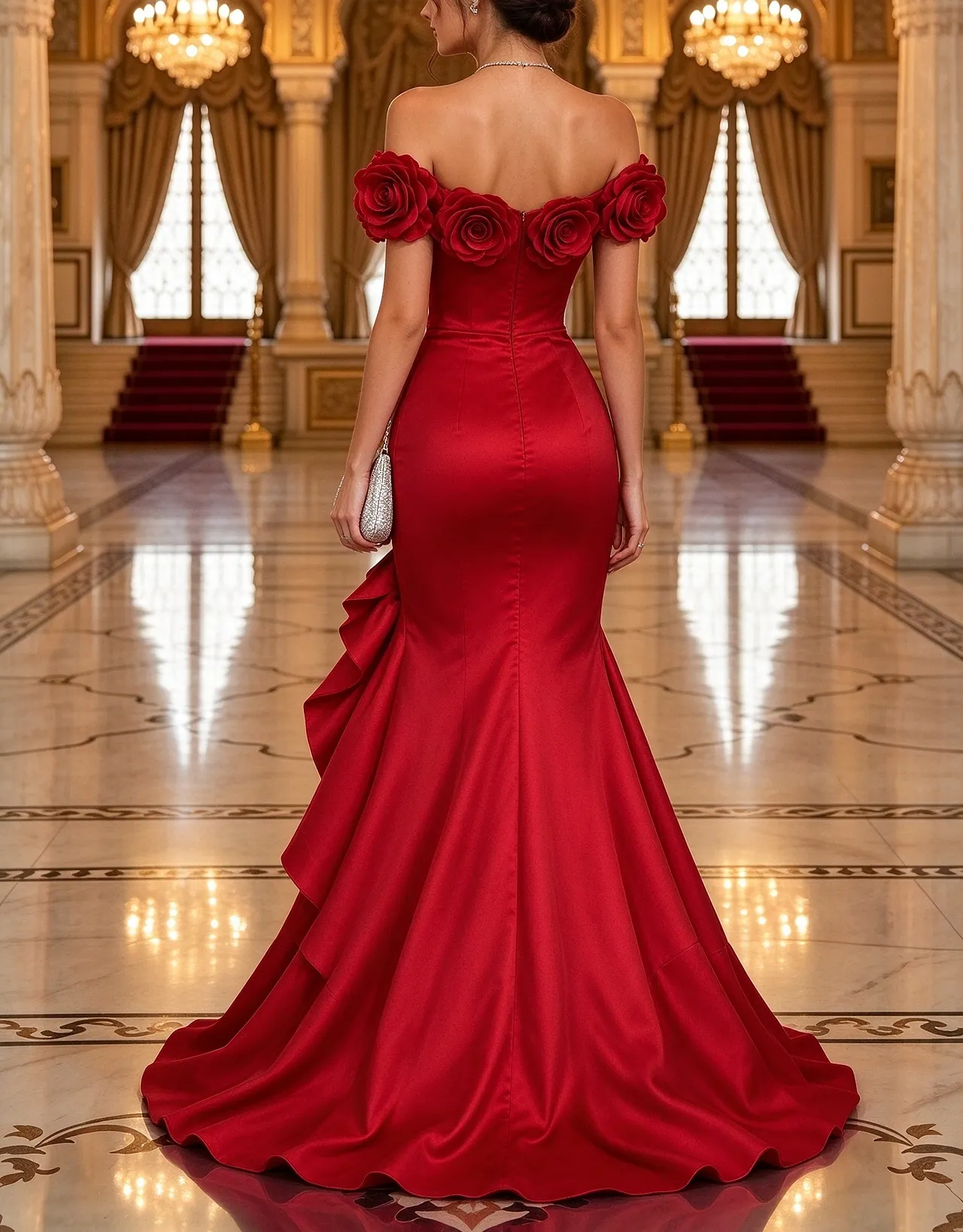 Off the Shoulder Satin 3D Flowers Ruffles Mermaid Evening Maxi Dress