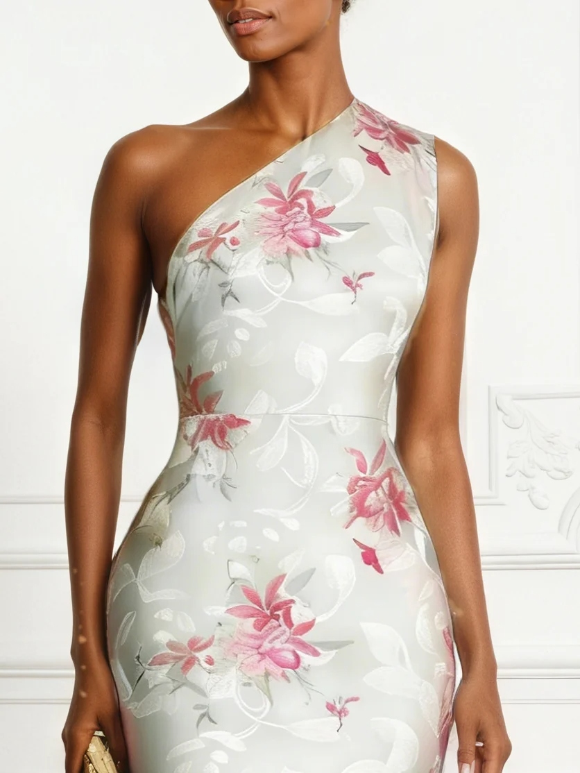 White Floral Satin One Shoulder Sleeveless Mermaid Maxi Dress