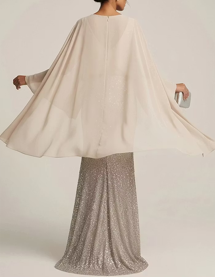 Beige Chiffon Capelet & Silver Sequin Mermaid Maxi Dress