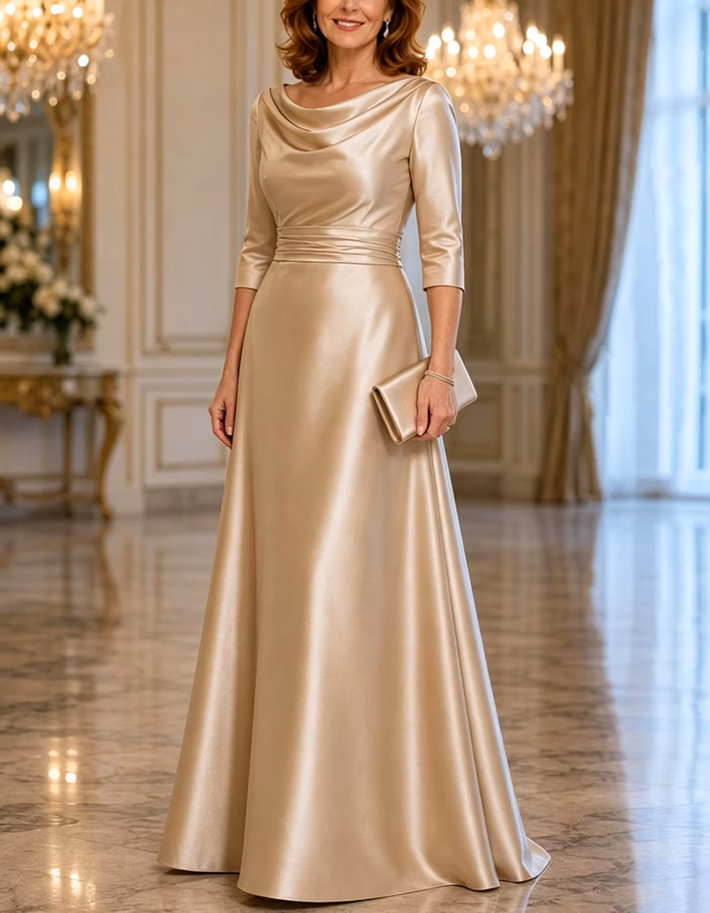 Cowl Neck 3/4 Sleeve Satin Floor Length A-Line Maxi Dress
