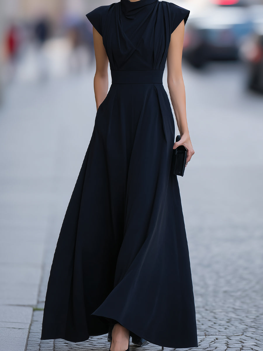 Black Draped Cap-Sleeve Maxi Dress With Defined Waist