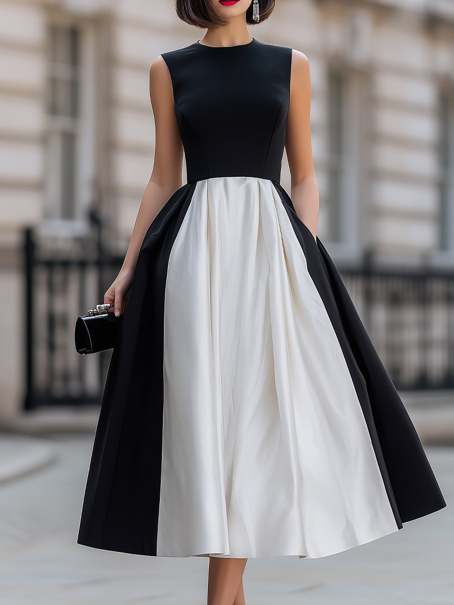 Black & White Color Block Sleeveless Fit-and-Flare Midi Dress