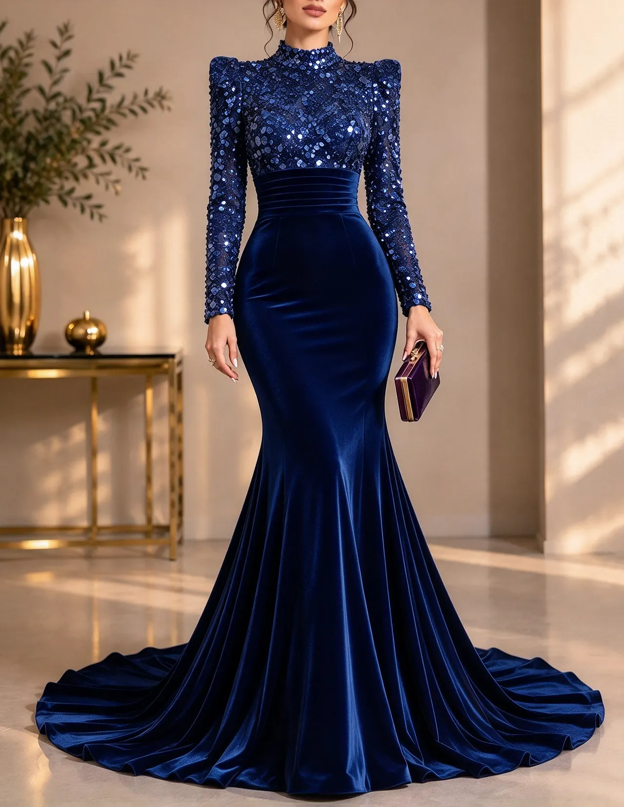 High Neck Heavy Sequin Velvet Mermaid Evening Maxi Dress