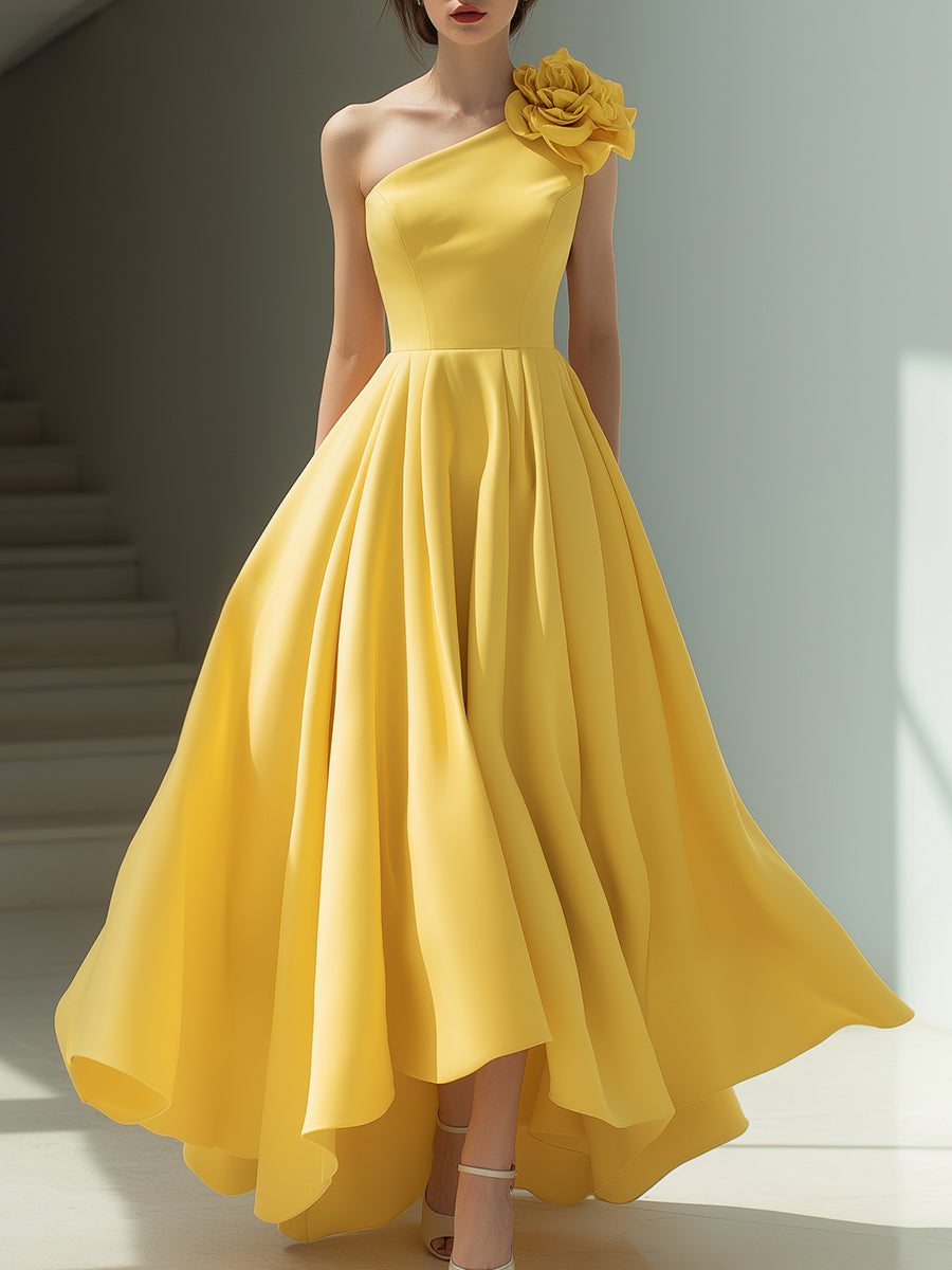 Yellow One-Shoulder Floral-Embellished Midi Dress