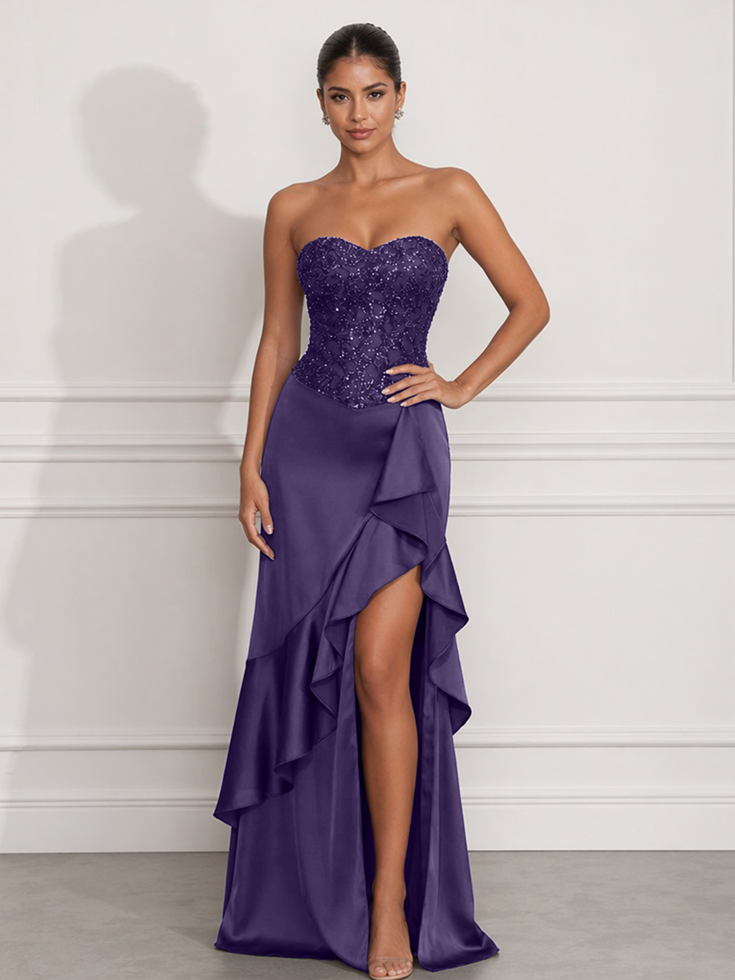 Navy Mermaid Sweetheart Beaded Tiered Formal Dress with Slit