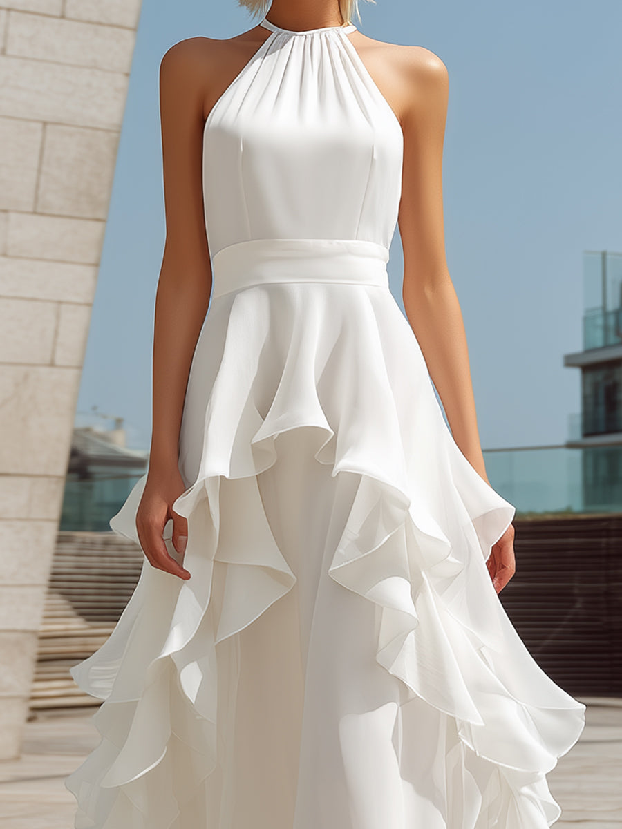 White Halter Layered Ruffle Maxi Dress