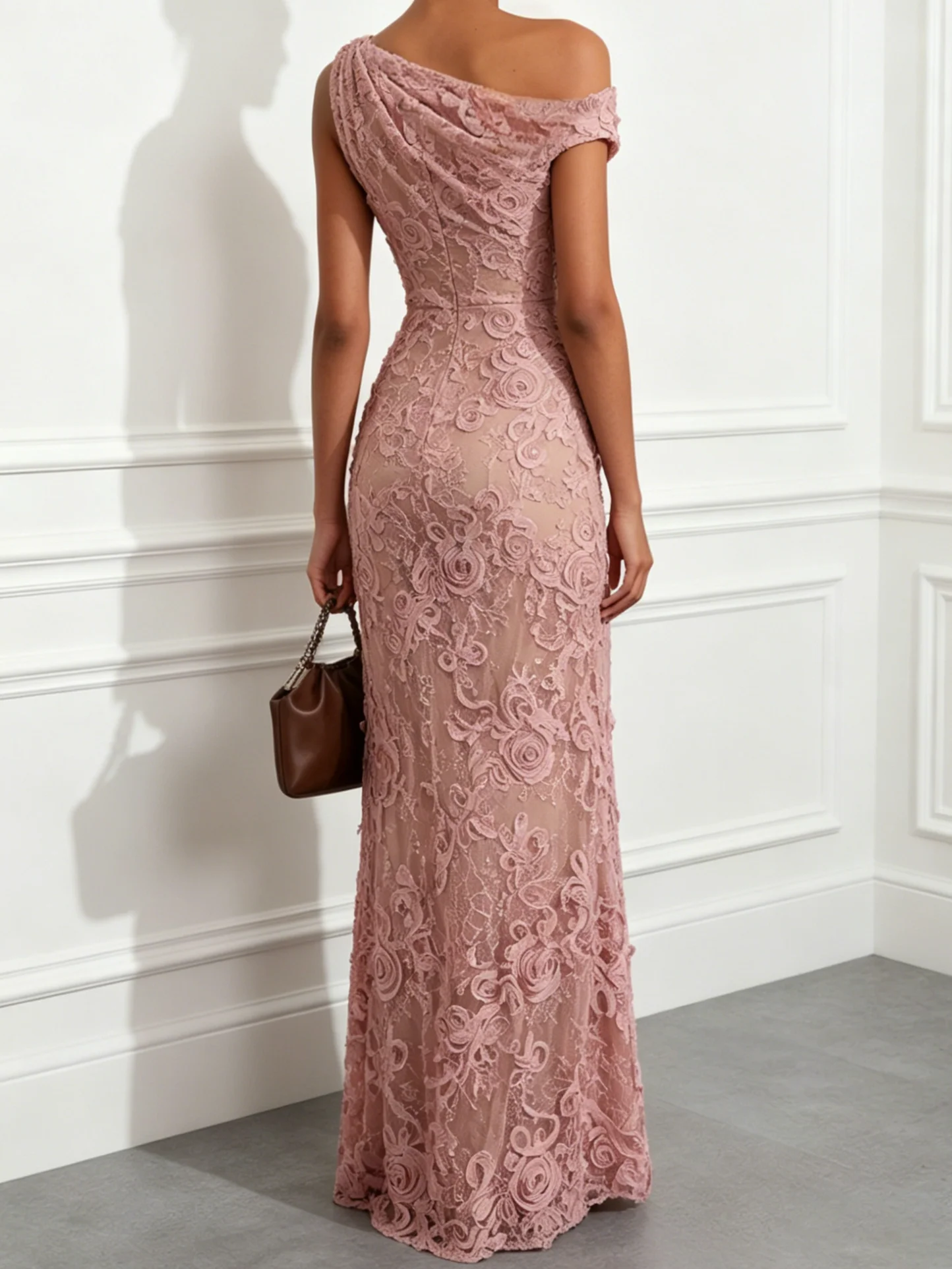 Pink Lace Asymmetrical Collar Short Sleeve Sheath Floor-length Gown Dress
