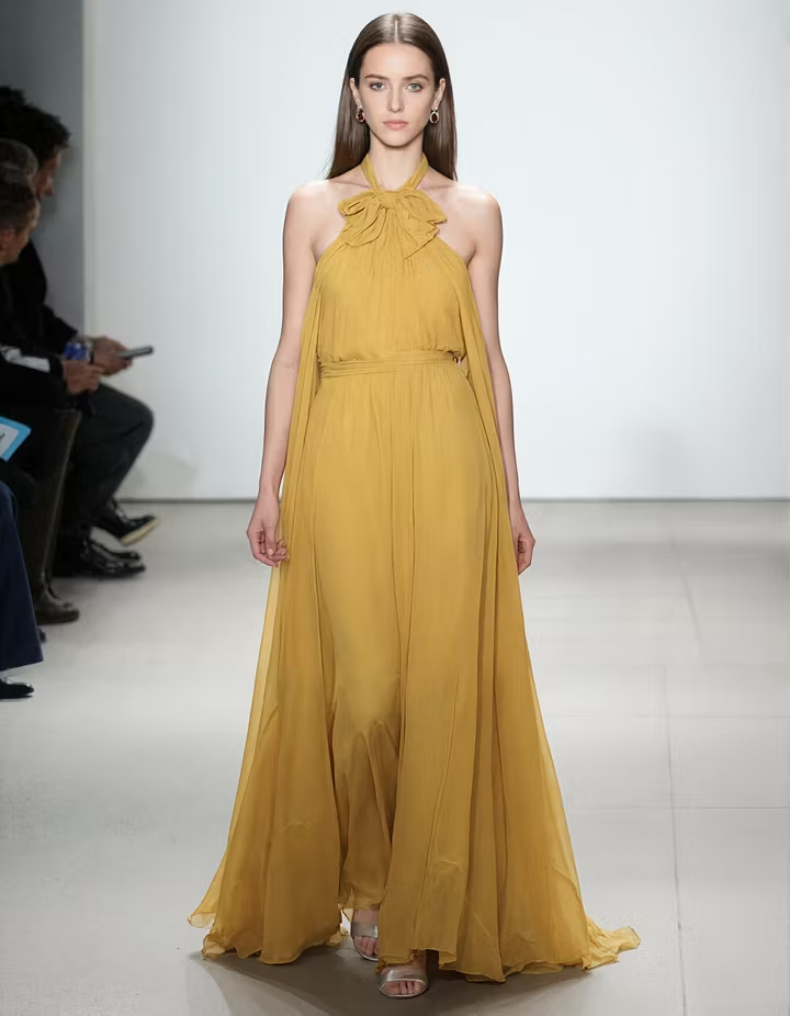 Mustard Yellow Backless Bow Belt Flowing Chiffon Maxi Dress