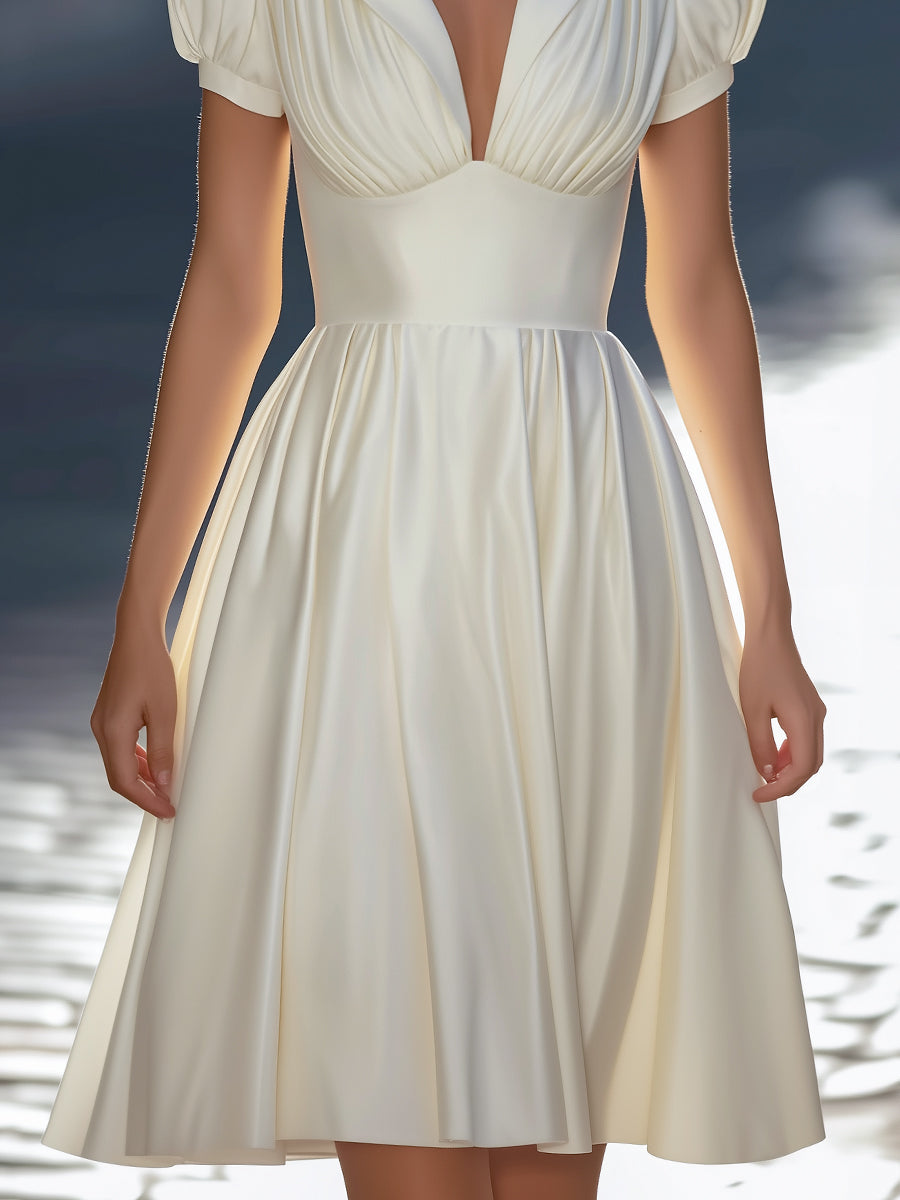 White Pleated V-Neck Puff Sleeve Fit-and-Flare Dress