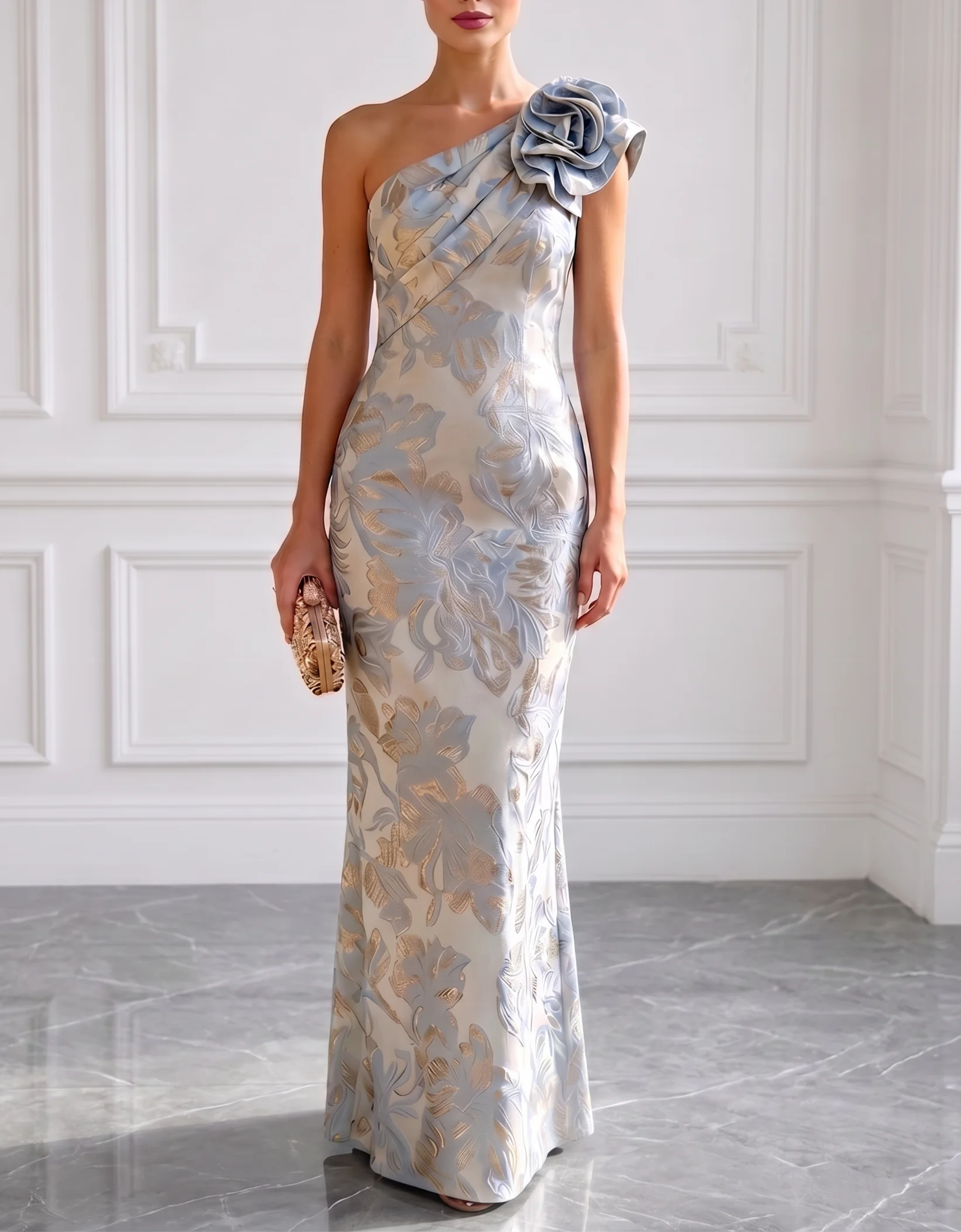 Blue Jacquard 3D Floral Classic One Shoulder Sleeveless Sheath Maxi Dress