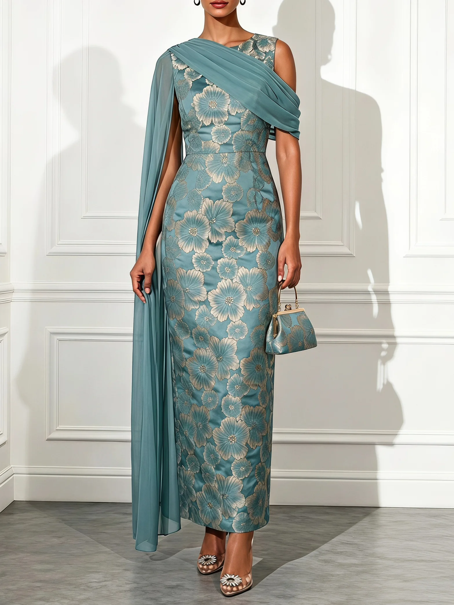 Cyan Jacquard Classic Crew Neck Sleeveless Mermaid Maxi Dress