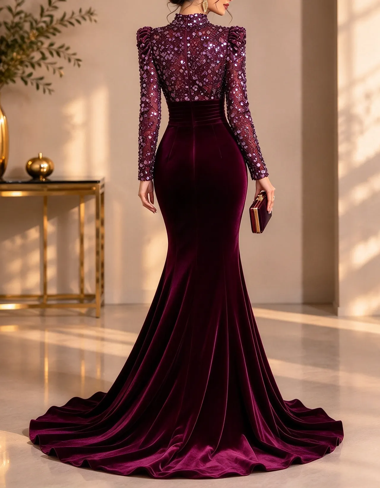 High Neck Heavy Sequin Velvet Mermaid Evening Maxi Dress