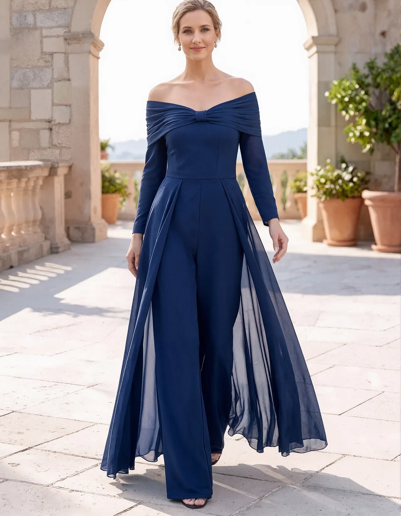 Blue Off The Shoulder Chiffon Formal Jumpsuit