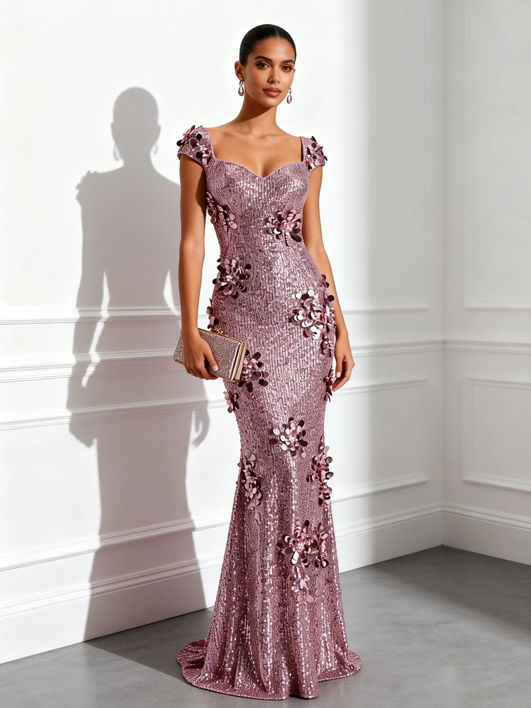Pink 3D Floral Sequin Sweetheart Neckline Short Sleeve Mermaid Floor-length Gown Dress