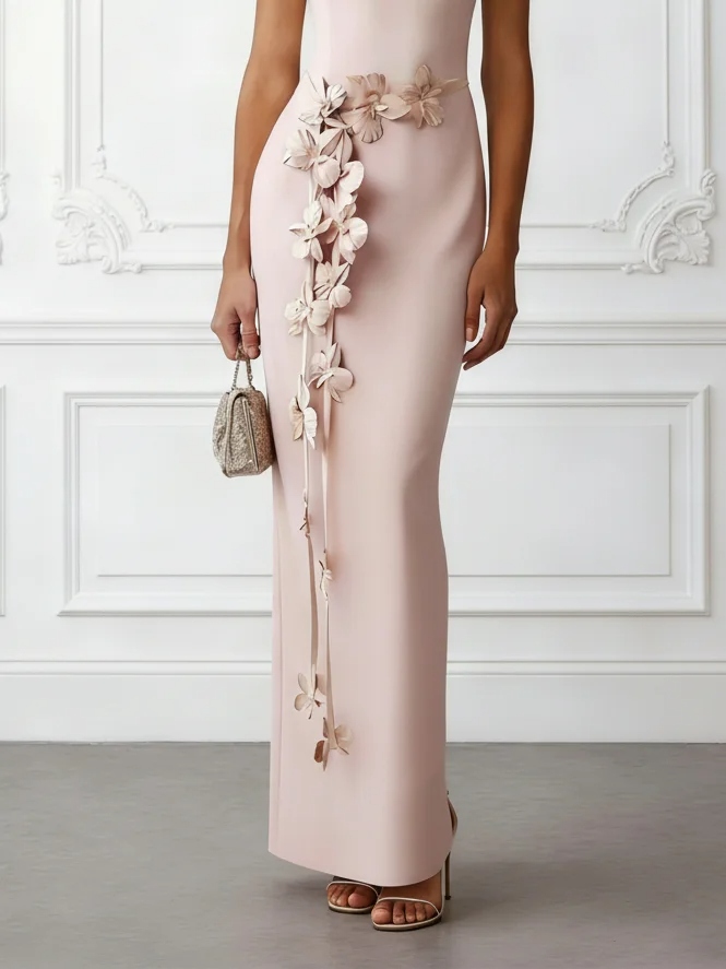 Pink 3D Floral Classic Boat Neck Sleeveless Sheath Maxi Dress