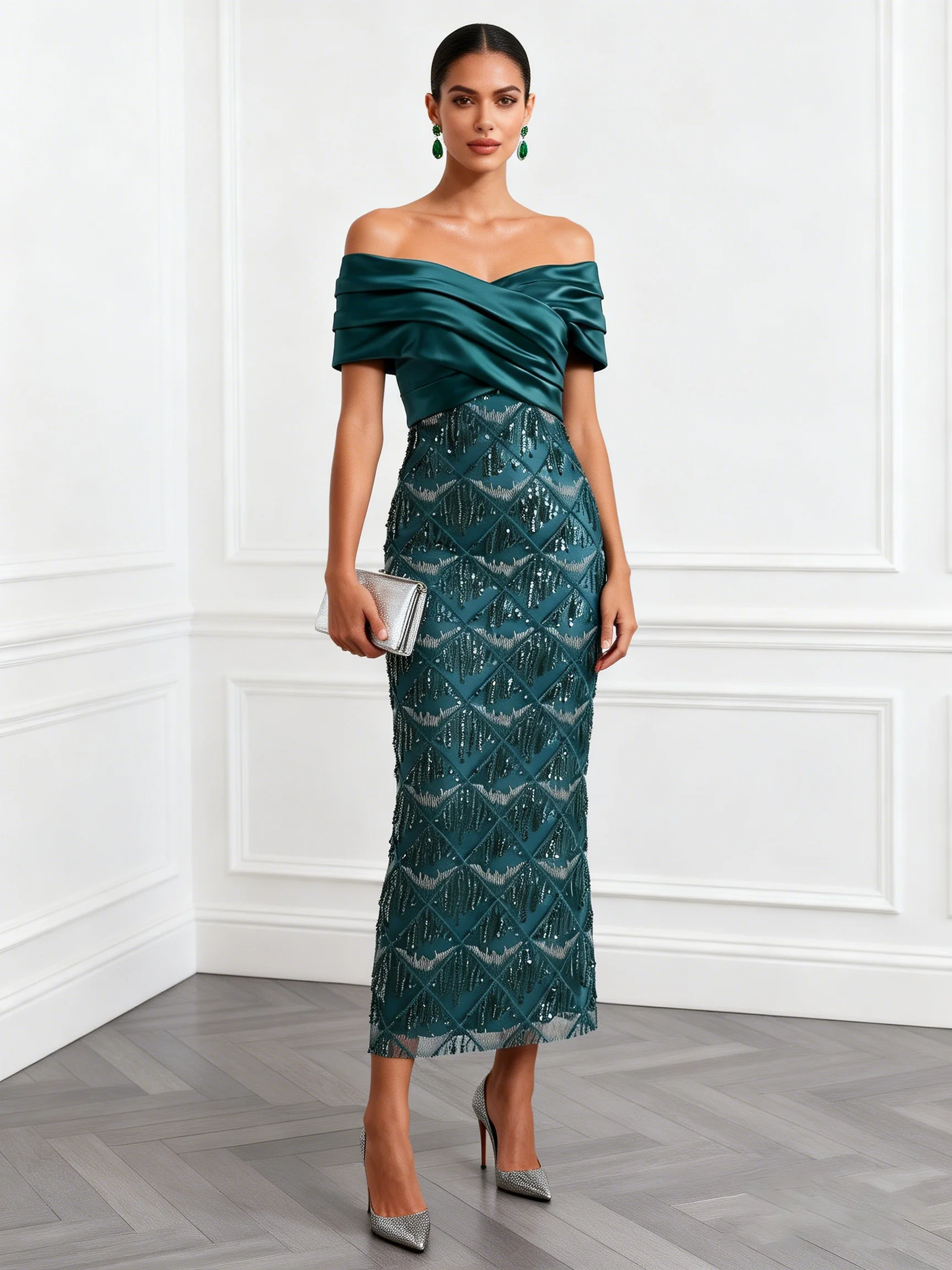Cyan Tassel Cross Sequin Off The Shoulder Short Sleeve Sheath Midi Dress