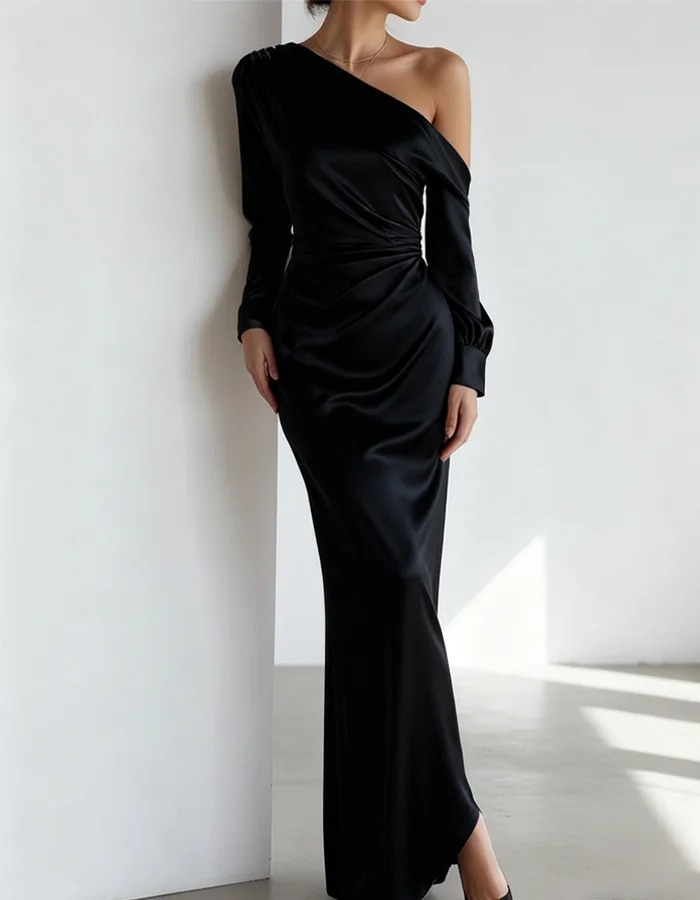 Champagne Satin One-shoulder Maxi Dress