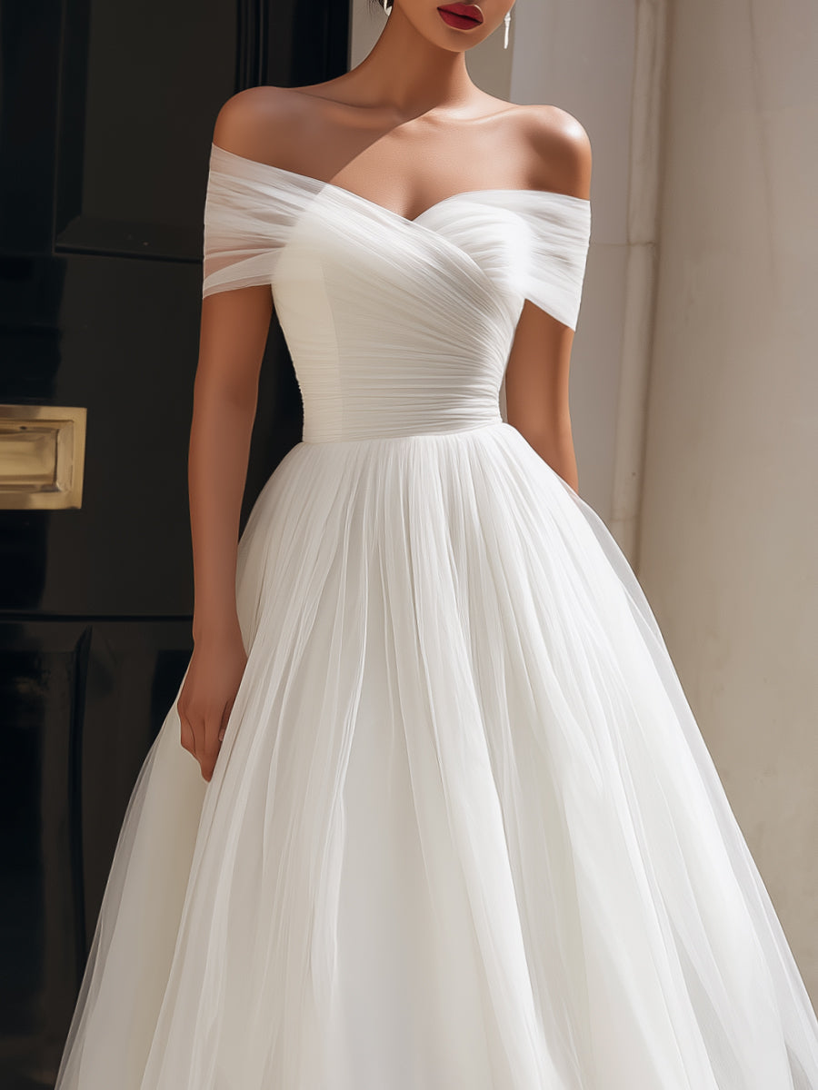 White Off-Shoulder Pleated A-Line Tulle Midi Dress