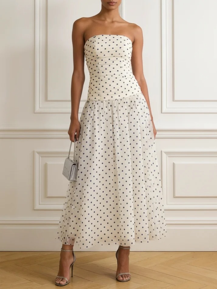 White Ruched Chiffon Strapless Sleeveless A-Line Midi Dress