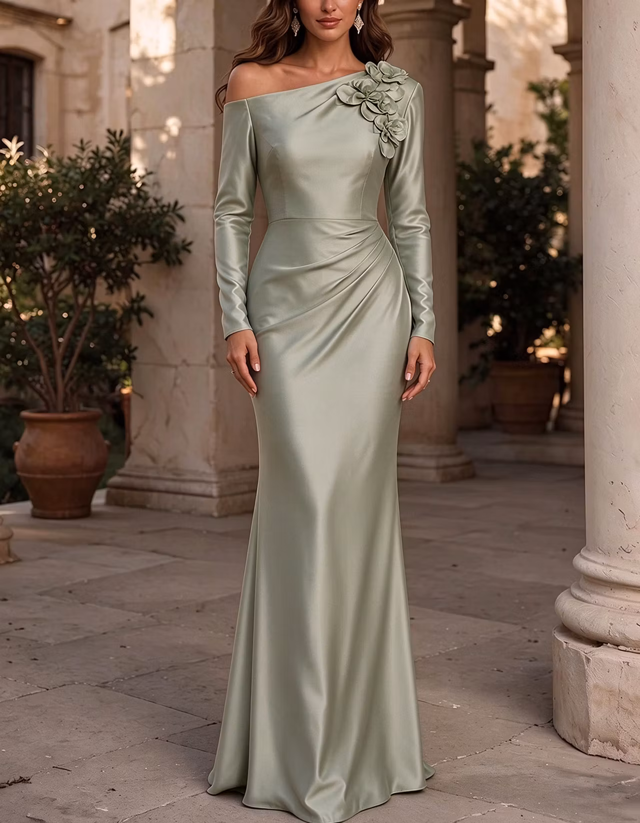 Satin Off Shoulder Long Sleeve 3D Floral Side Ruched Maxi Dress