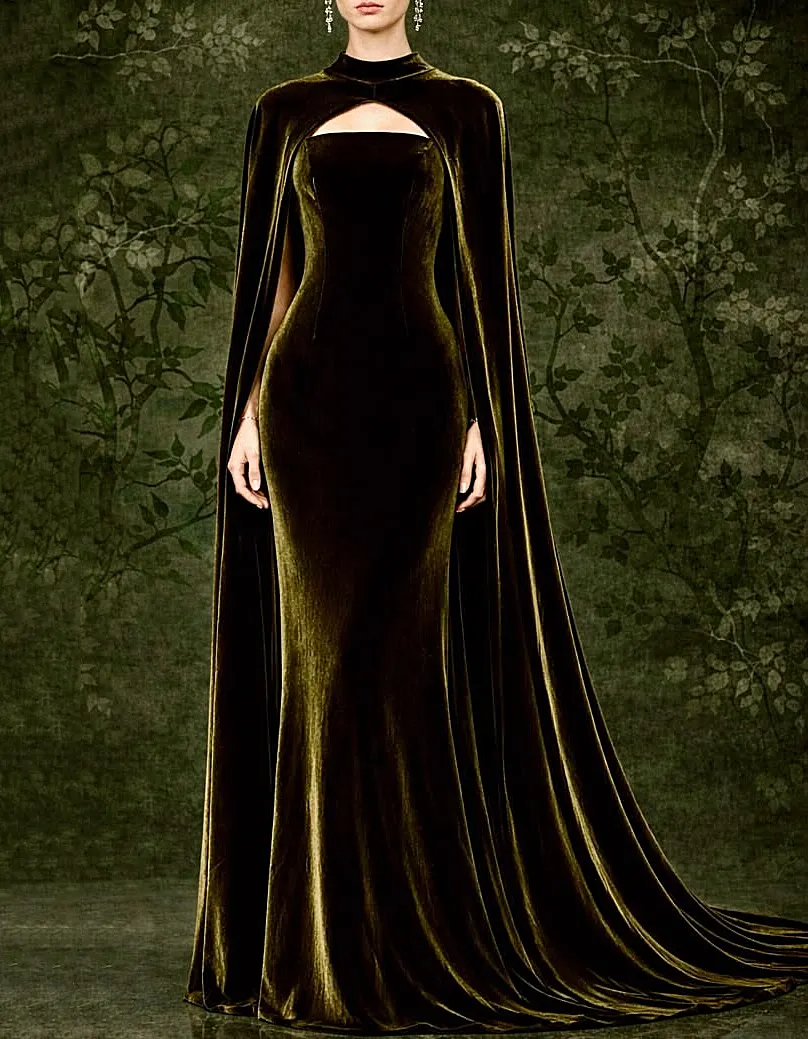 Velvet Long Cape Strapless Mermaid Evening Maxi Dress
