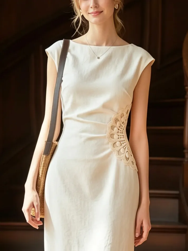 Midi Linen Dress, Cap Sleeves, Boat Neck, Lace, French Vintage, White