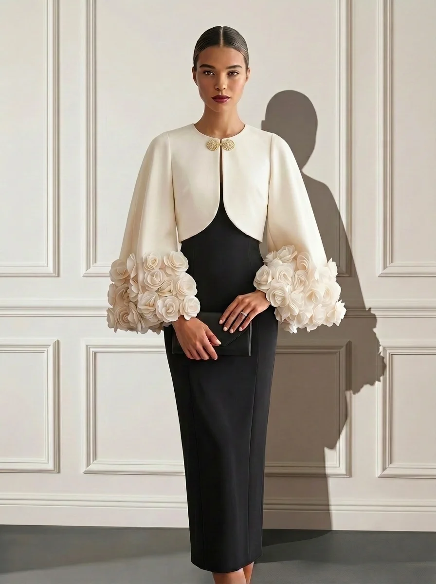 Women Black 3D Floral Crew Neck Half Sleeve Elegant Coat With Skirt Two-Piece Set
