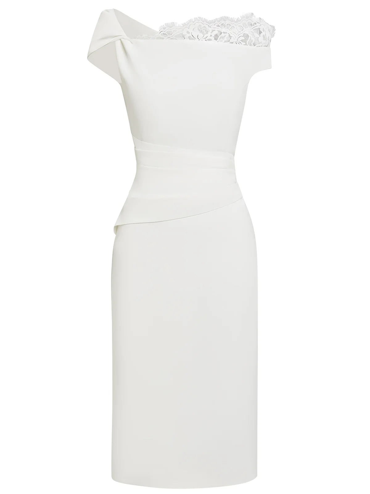 White Lace Split Joint Classic One Shoulder Short Sleeve Sheath Midi Dress