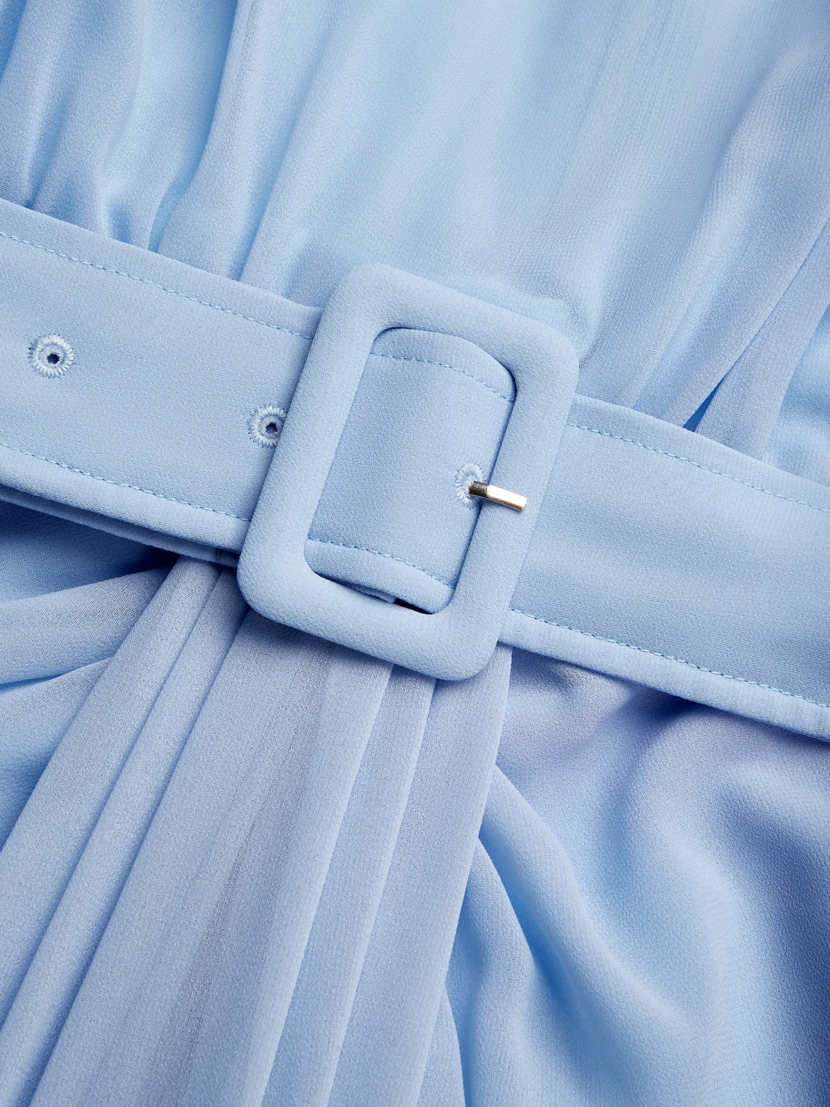 Light Blue Ruched Mesh Chiffon Crew Neck Short Sleeve A-Line Maxi Dress