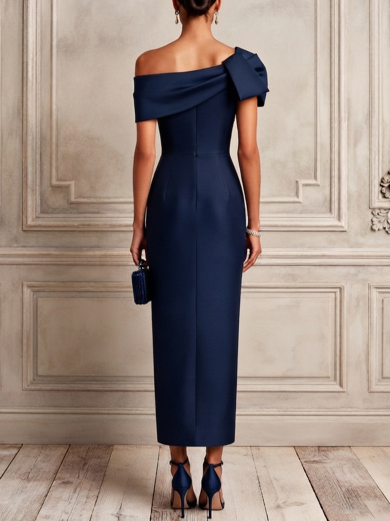 Purplish Blue Rhinestone Satin Off The Shoulder Short Sleeve Sheath Maxi Dress