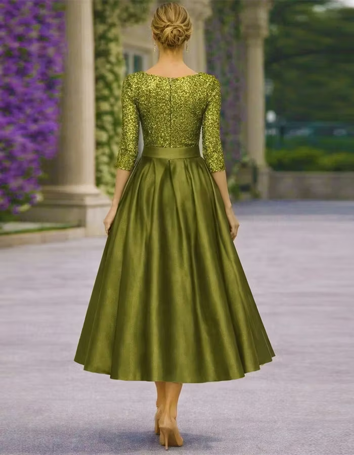 Two Tone Patchwork Three Quarter Sleeve Midi Dress